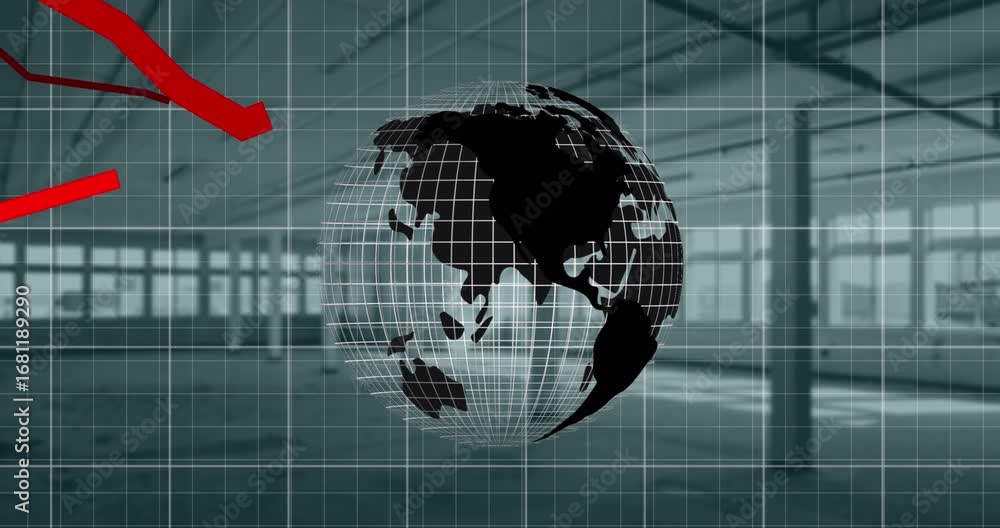 Poster animation of financial graphs and globe over empty hall