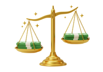 Isolated golden balance scale with cash, wealth and value assessment for financial themes
