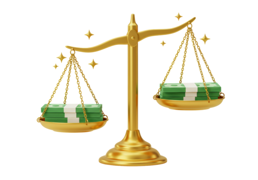 Isolated golden balance scale with cash, wealth and value assessment for financial themes