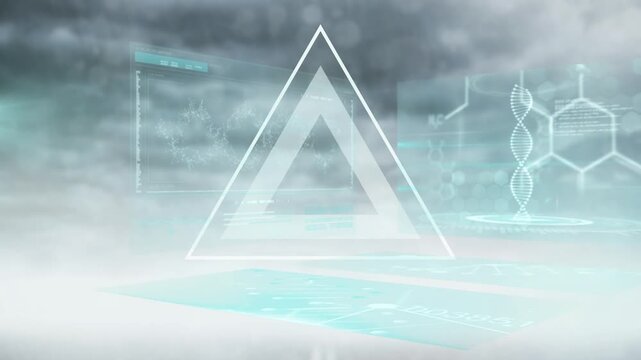 Animation of triangle with dna, scientific data processing on digital interface against clouds - Powered by Adobe