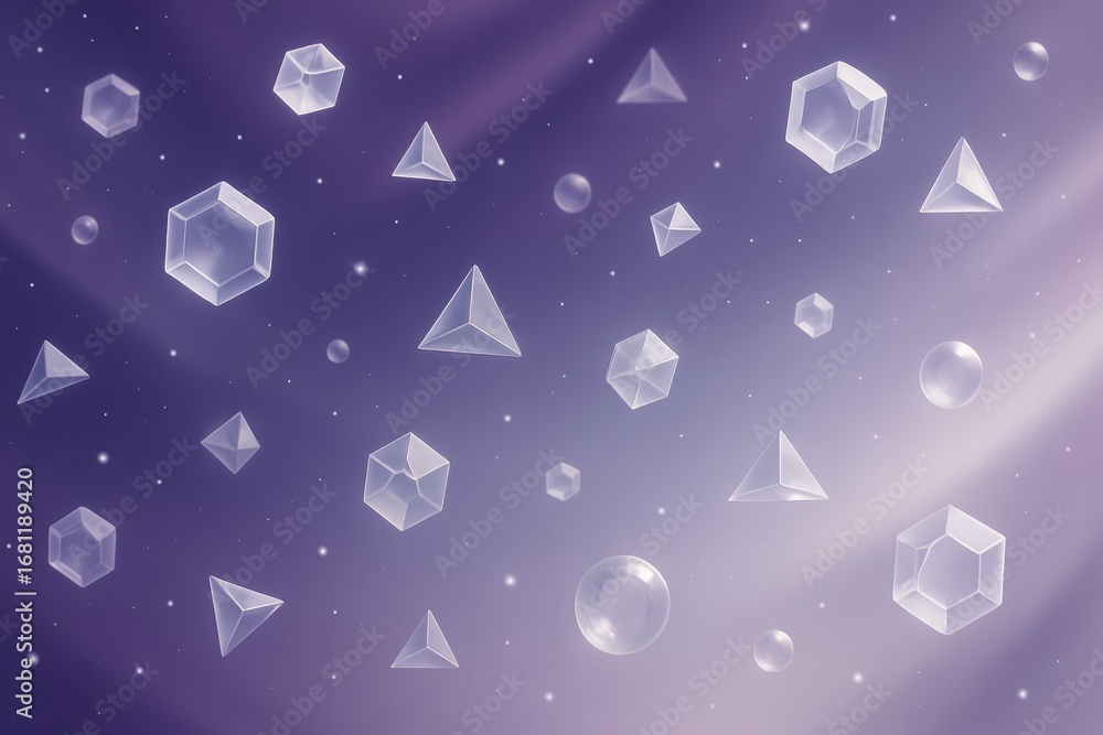 Poster ethereal purple and silver gradient background with floating crystalline geometric shapes and soft l