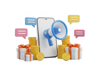 Smartphone marketing concept with megaphone and gifts isolated on transparent background
