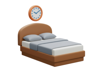 Isolated bed with alarm clock showing the time for waking up in the morning or taking a nap