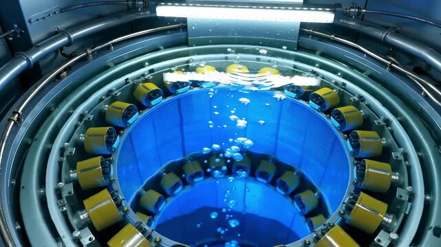 Nuclear reactor core underwater with blue glowing water and yellow fuel assemblies in circular containment facility