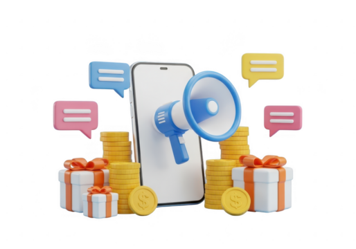 Smartphone marketing concept with megaphone and gifts isolated on transparent background