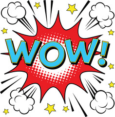 Excited comic book style explosion with the word wow in bold teal letters surrounded by stars and smoke puffs