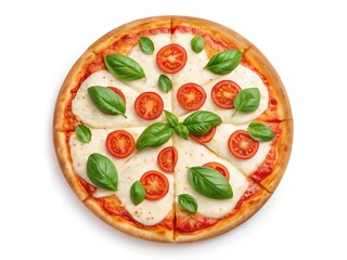 Delicious margherita pizza with fresh basil and ripe tomatoes top view isolated on white