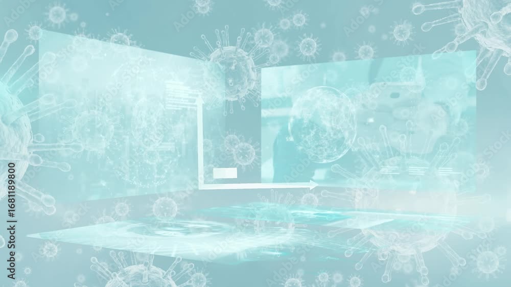 Poster animation of graph, virus on digital interface with caucasian man using mobile phone