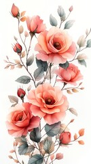 Soft pink watercolor rose bouquet with green leaves and vines on white background. Cottagecore style, simple elegant clipart, low detail, space for text.