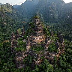 Breathtaking aerial view of a mystical ancient temple perched atop a towering rock pillar amidst a lush green mountain landscape