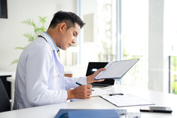 professional doctor wearing uniform taking notes in journal, physician therapist practitioner filling medical documents, clipboard, patient form, illness history, prescription.