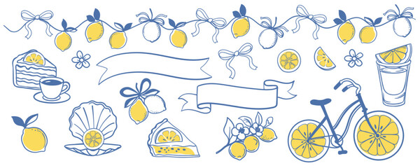 Hand drawn lemon clipart set with cake, drink, bicycle, citrus slices, banners, shells and decorative elements. Summer doodle illustrations in yellow and blue. Set doodle style