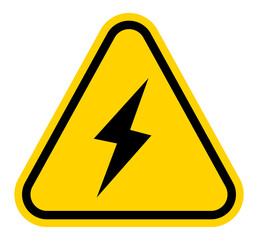 Peligro de descarga eléctrica. Símbolo de advertencia en un triángulo amarillo y negro. Señal de seguridad para indicar alta tensión o riesgo eléctrico. Gráfico icon transparente en formato PNG.