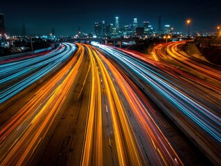 Long exposure of traffic on highway at night with city skyline in background in Los Angeles California