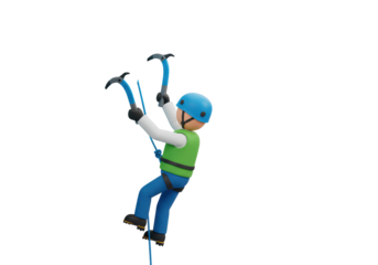 Isolated mountain climber with ice axes ascending steep slope wearing protective gear