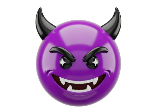 Purple devil emoji with horns and a menacing grin isolated on transparent background