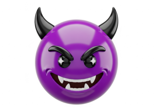 Purple devil emoji with horns and a menacing grin isolated on transparent background
