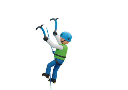 Isolated mountain climber with ice axes ascending steep slope wearing protective gear