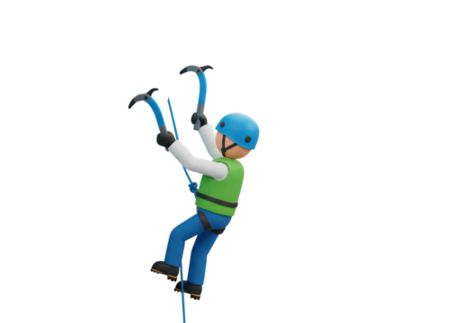 Isolated mountain climber with ice axes ascending steep slope wearing protective gear