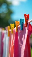 Brightly colored clothes pegs clipped to a taut clothesline, drying laundry in the sunshine Perfect for spring, summer, or laundry-day themed projects , drying, spring