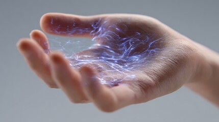 A hand holding glowing blue energy strands against a plain light gray colored background space