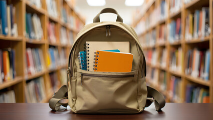 A backpack with books in a library, symbolizing education, learning, and the pursuit of knowledge in an academic environment