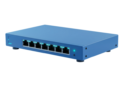 Isolated ethernet network switch for a small business with four small black feet