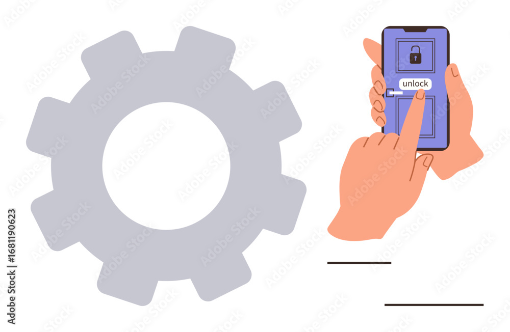 Poster hand unlocking smartphone with touch gesture, large gear symbolizing settings or system. ideal for t