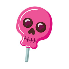 Whimsical pink skull shaped lollipop with dark chocolate eyes and stitched mouth isolated on transparent background