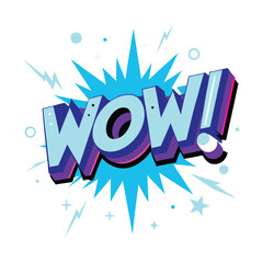 Dynamic comic book style explosion graphic featuring the word wow in bold 3d lettering with vibrant blue and purple shading on a white background