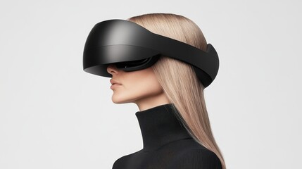 Woman wearing black visor. Blonde hair falling straight. Neutral background. Face partially visible. Futuristic style and networks technology.