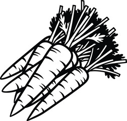 Carrot: A black and white line art bundle of carrots with green leafy tops, creating a clean, rustic, and organic look.