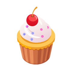 Delicious cartoon cupcake with white frosting red cherry and colorful sprinkles isolated on transparent background