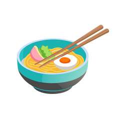 Delicious bowl of japanese ramen noodles with chopsticks and toppings like egg and vegetables isolated on transparent background
