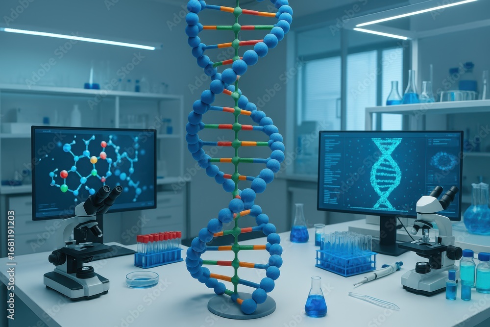 Poster genetic engineering laboratory with dna double helix molecular structure model