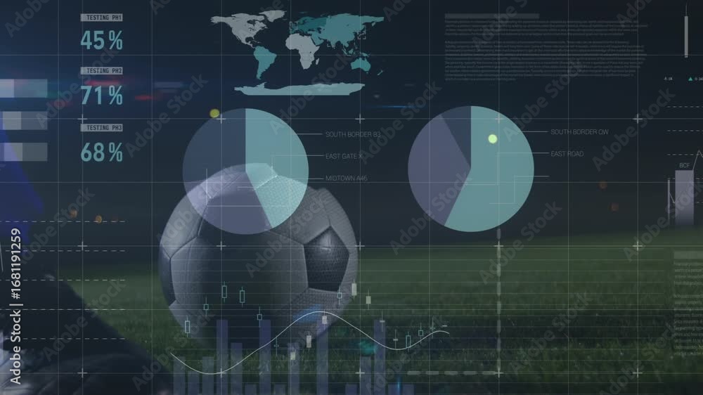 Poster animation of graphs and financial data over soccer ball on field