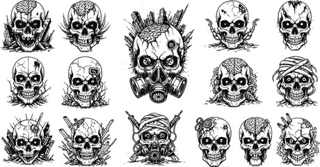 Fototapeta premium Spooky skull illustrations with grunge, creepy, Halloween, and black and white.