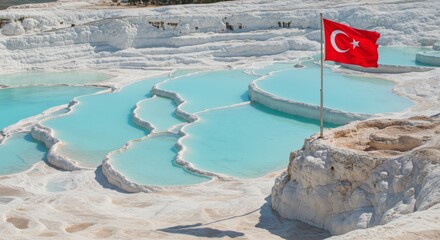 Turkish flag flying over Pamukkale's white travertine terraces at sunset.