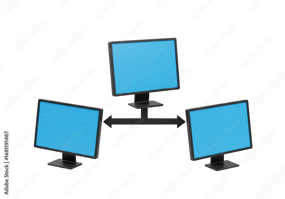 Poster isolated arrangement of modern computer screens representing data networking and connectivity