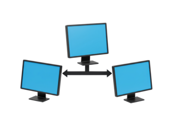 Isolated Arrangement of Modern Computer Screens Representing Data Networking and Connectivity