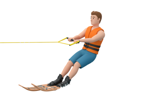 Isolated 3D waterskier towing behind boat wearing life vest with waterskiing accessories