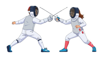 Obraz premium Duel of Fencing: A dynamic illustration captures two figures locked in a fencing duel, poised with blades crossed, showcasing the intensity and grace of the sport.