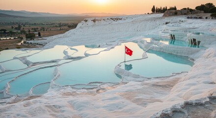 Turkish flag flying over Pamukkale's white travertine terraces at sunset.