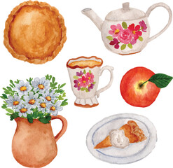 watercolor pie, tea, apple, and daisy flower illustration