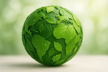 Green leaves arranged in perfect globe shape with morning dew drops symbolizing environmental protection and sustainable living practices