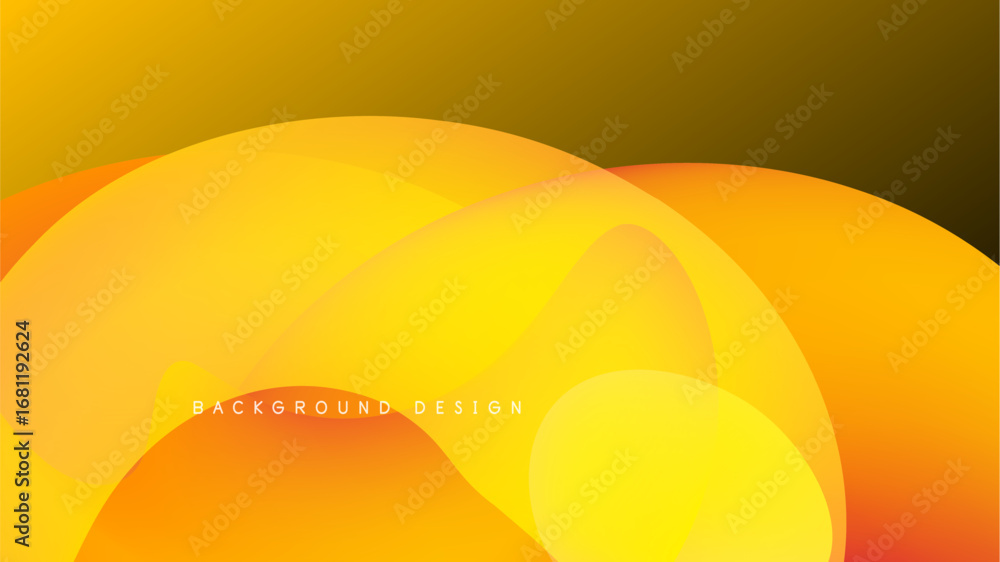 Poster abstract yellow shapes overlap black background. gradient colors create dynamic visual effect. moder