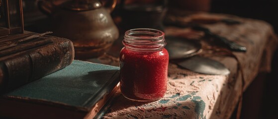 Rustic Still Life of Homemade Red Jam in Jar on Antique Table with Books and Silverware in Warm Light
