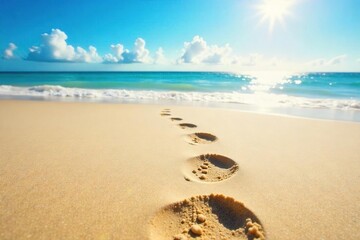 Close-up of footprints in the sand, leading away from the viewer towards a distant ocean horizon; a sunny holiday scene suggesting travel, adventure, and escape , seaside, adventure