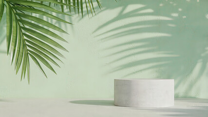 Obraz premium Minimalist product display with palm leaves shadow and concrete cylinder in natural light