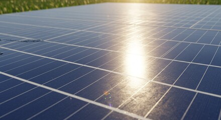 Close-up of solar panels reflecting sunlight, renewable energy technology background, clean energy and sustainability concept